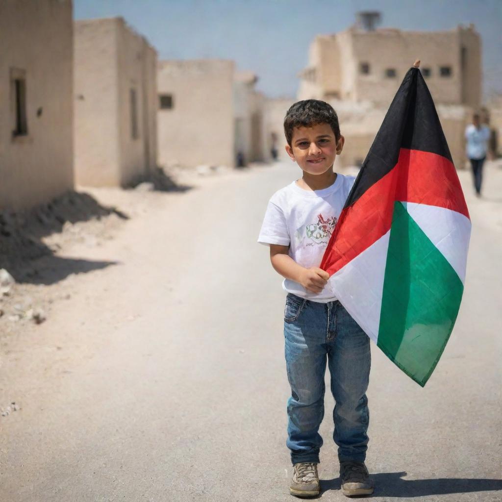 A young, innocent child proudly carrying the Palestinian flag amidst a sunny day, symbolizing hope and peace.