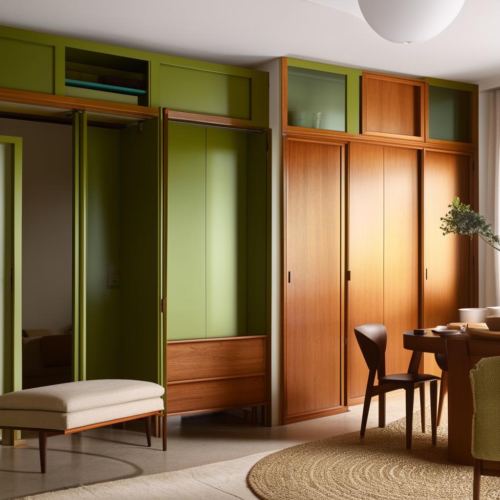 A modern yet retro-style living and dining room area boasting vibrantly green doors and windows, rich wooden closets and cabinets paired with stylishly comfortable sofas.