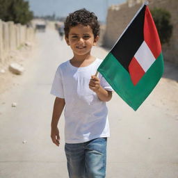 A young, innocent child proudly carrying the Palestinian flag amidst a sunny day, symbolizing hope and peace.