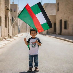 A young, innocent child proudly carrying the Palestinian flag amidst a sunny day, symbolizing hope and peace.