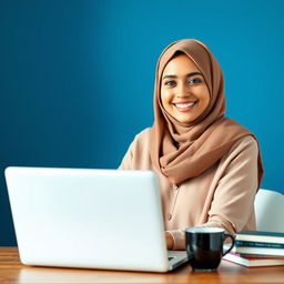 A smiling young lady wearing a stylish hijab, looking directly at the camera while working on her laptop