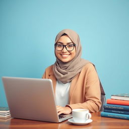 A smiling young lady wearing a stylish hijab, looking directly at the camera while working on her laptop