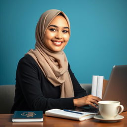 A smiling young lady wearing a stylish hijab, looking directly at the camera while working on her laptop