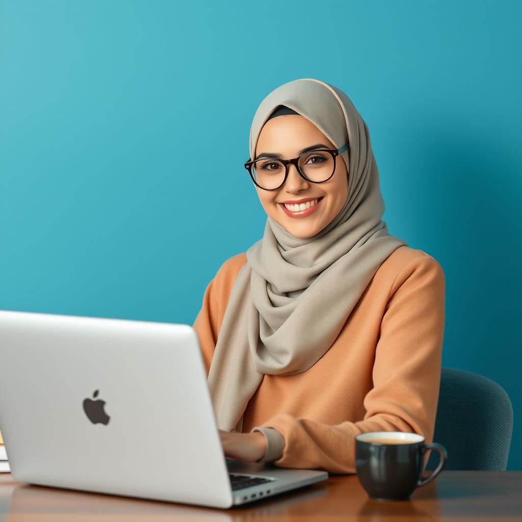 A smiling young lady wearing a stylish hijab, looking directly at the camera while working on her laptop