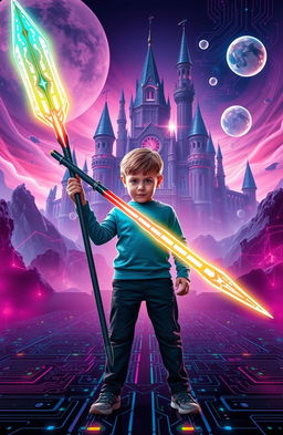 A young boy standing confidently in a vibrant, futuristic coding world, holding a sleek, high-tech spear that glows with digital patterns