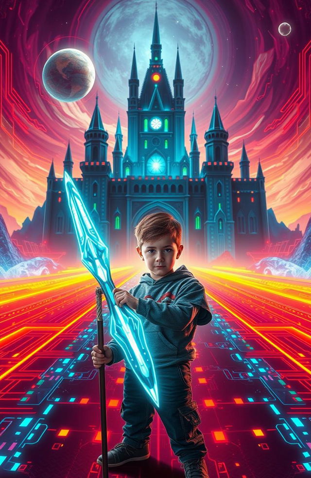 A young boy standing confidently in a vibrant, futuristic coding world, holding a sleek, high-tech spear that glows with digital patterns