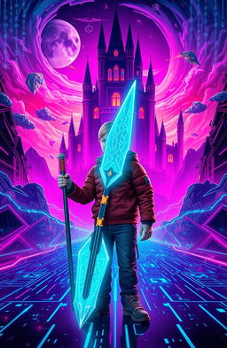 A young boy standing confidently in a vibrant, futuristic coding world, holding a sleek, high-tech spear that glows with digital patterns