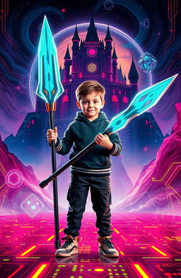 A young boy standing confidently in a vibrant, futuristic coding world, holding a sleek, high-tech spear that glows with digital patterns