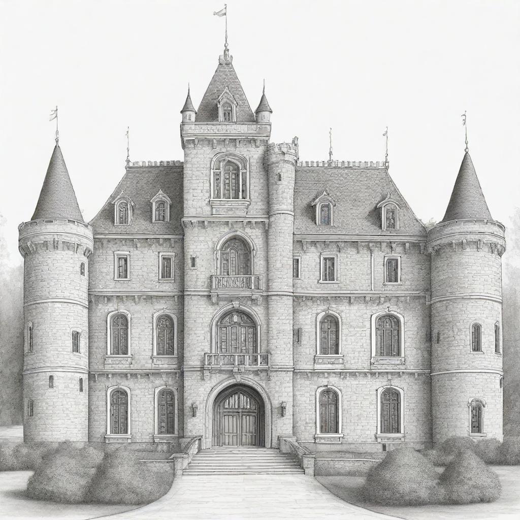 A finely detailed, two-dimensional black and white outline of a grand castle for a coloring page.