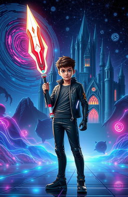 A 15-year-old boy standing confidently in a futuristic setting, holding a high-tech spear that glows with digital energy, designed to destroy code monsters