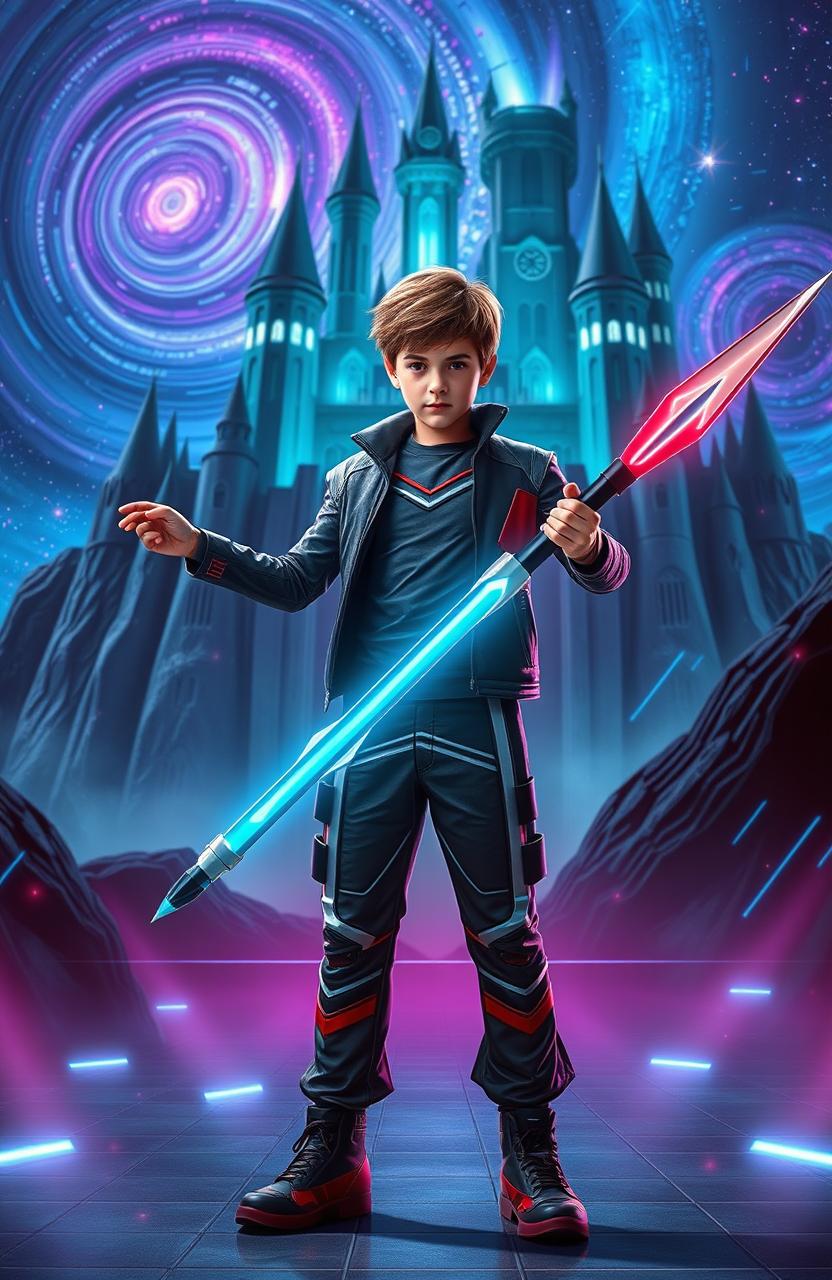 A 15-year-old boy standing confidently in a futuristic setting, holding a high-tech spear that glows with digital energy, designed to destroy code monsters