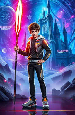 A 15-year-old boy standing confidently in a futuristic setting, holding a high-tech spear that glows with digital energy, designed to destroy code monsters