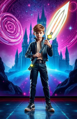 A 15-year-old boy standing confidently in a futuristic setting, holding a high-tech spear that glows with digital energy, designed to destroy code monsters