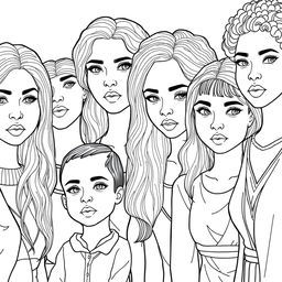 A detailed line drawing for a coloring book featuring a group of diverse women and young girls standing next to each other with serious expressions