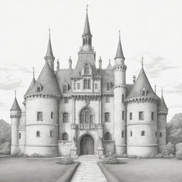 A finely detailed, two-dimensional black and white outline of a grand castle for a coloring page.