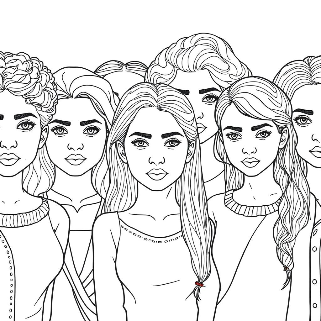 A detailed line drawing for a coloring book featuring a group of diverse women and young girls standing next to each other with serious expressions