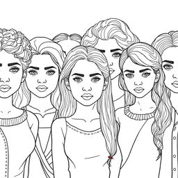 A detailed line drawing for a coloring book featuring a group of diverse women and young girls standing next to each other with serious expressions