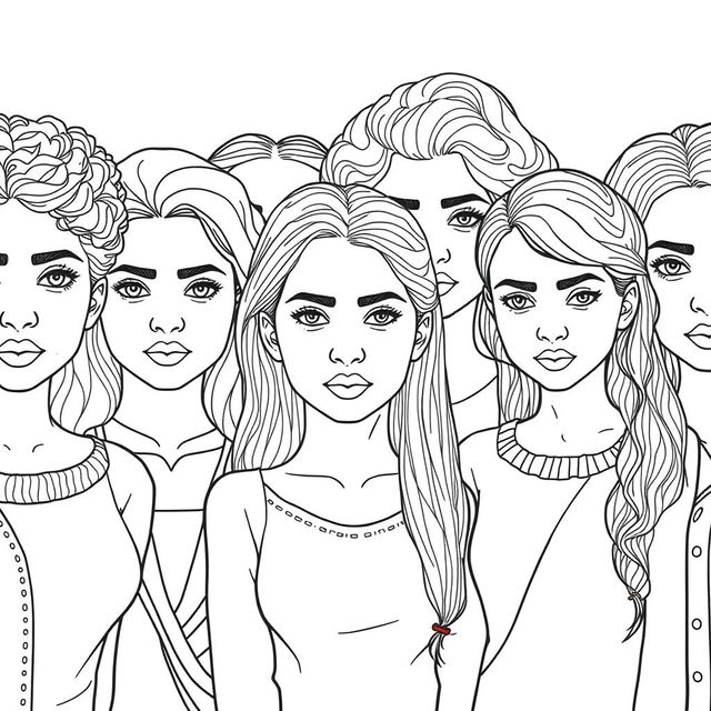 A detailed line drawing for a coloring book featuring a group of diverse women and young girls standing next to each other with serious expressions