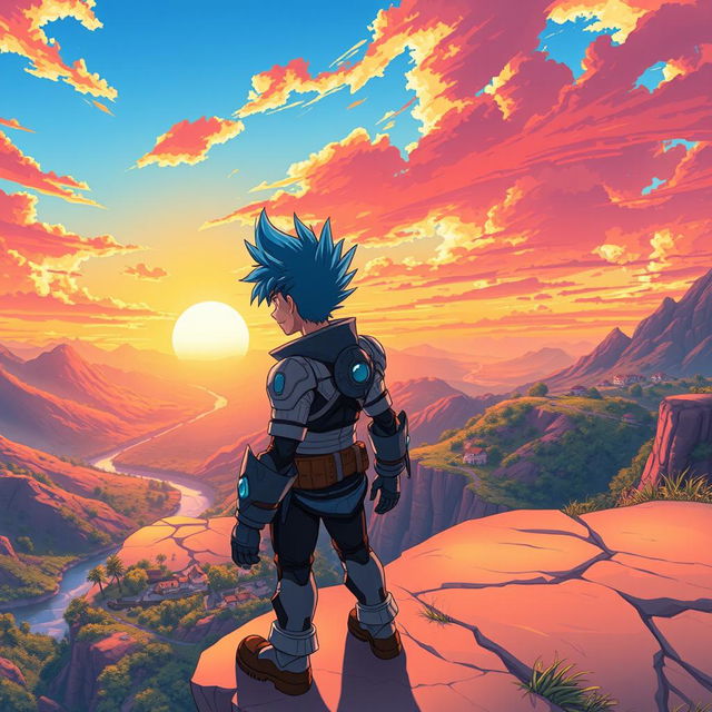 A vibrant and dynamic anime scene featuring a heroic character with spiky blue hair and futuristic armor standing atop a cliff