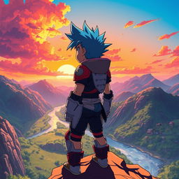 A vibrant and dynamic anime scene featuring a heroic character with spiky blue hair and futuristic armor standing atop a cliff