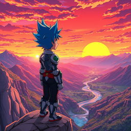 A vibrant and dynamic anime scene featuring a heroic character with spiky blue hair and futuristic armor standing atop a cliff