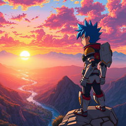 A vibrant and dynamic anime scene featuring a heroic character with spiky blue hair and futuristic armor standing atop a cliff