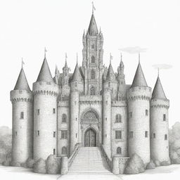 A finely detailed, two-dimensional black and white outline of a grand castle for a coloring page.