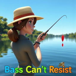 A realistic 3D animated scene portraying a woman fishing for bass at a serene lake