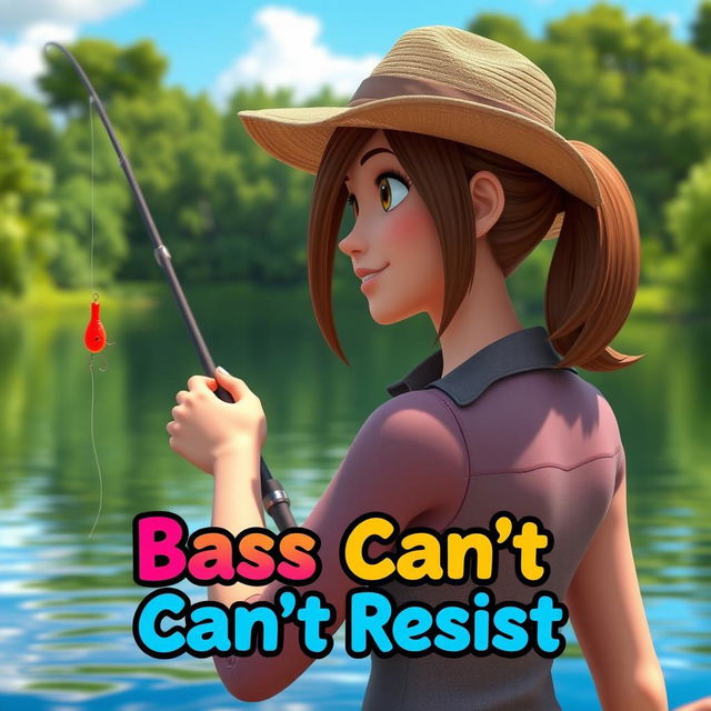 A realistic 3D animated scene portraying a woman fishing for bass at a serene lake