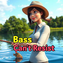 A realistic 3D animated scene portraying a woman fishing for bass at a serene lake