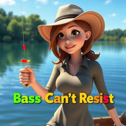 A realistic 3D animated scene portraying a woman fishing for bass at a serene lake