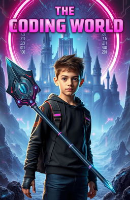 A mature-looking 15-year-old boy with a futuristic spear designed to destroy code monsters, standing confidently in the foreground