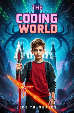 A mature-looking 15-year-old boy with a futuristic spear designed to destroy code monsters, standing confidently in the foreground