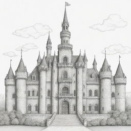 A finely detailed, two-dimensional black and white outline of a grand castle for a coloring page.