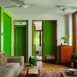 A modern yet retro-style living and dining room area boasting vibrantly green doors and windows, rich wooden closets and cabinets paired with stylishly comfortable sofas.