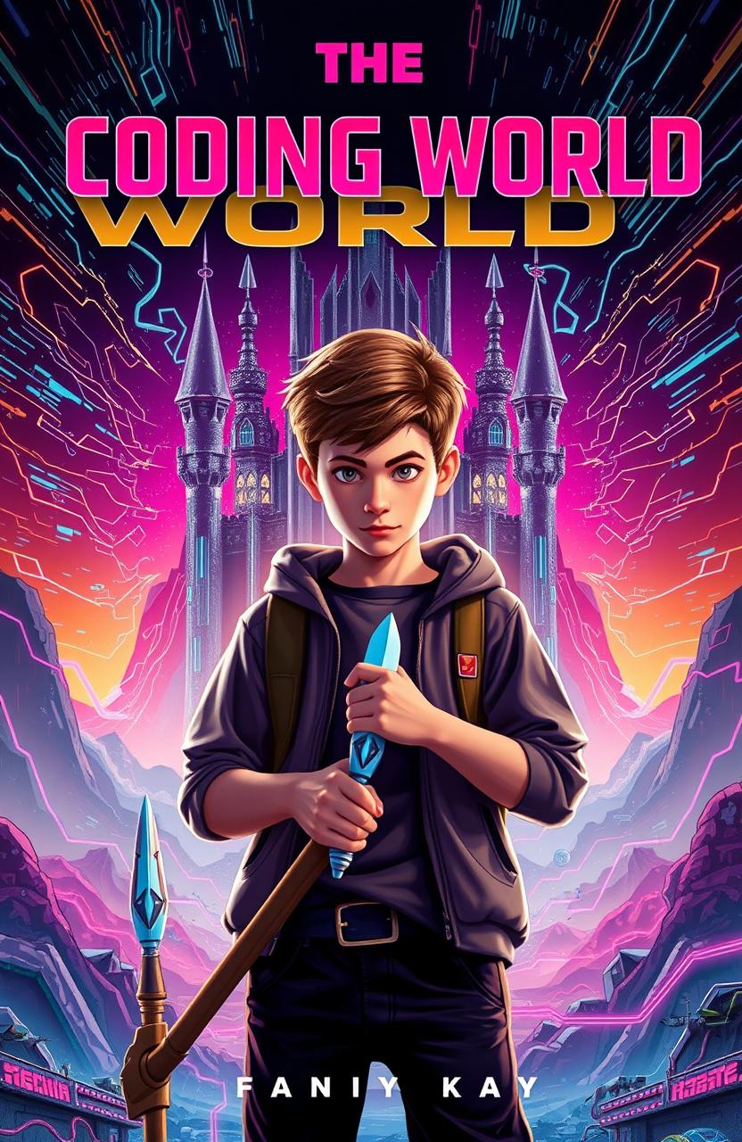 A mature-looking 15-year-old boy with a futuristic spear designed to destroy code monsters, standing confidently in the foreground