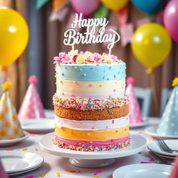 A beautifully decorated birthday cake with multiple layers, featuring pastel colors like pink, blue, and yellow