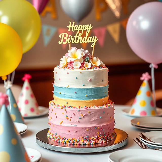 A beautifully decorated birthday cake with multiple layers, featuring pastel colors like pink, blue, and yellow