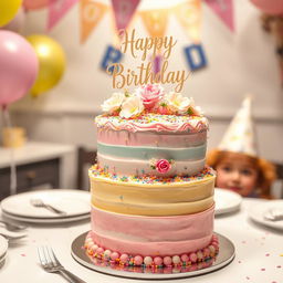 A beautifully decorated birthday cake with multiple layers, featuring pastel colors like pink, blue, and yellow