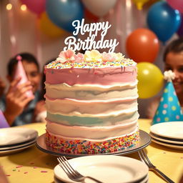 A beautifully decorated birthday cake with multiple layers, featuring pastel colors like pink, blue, and yellow