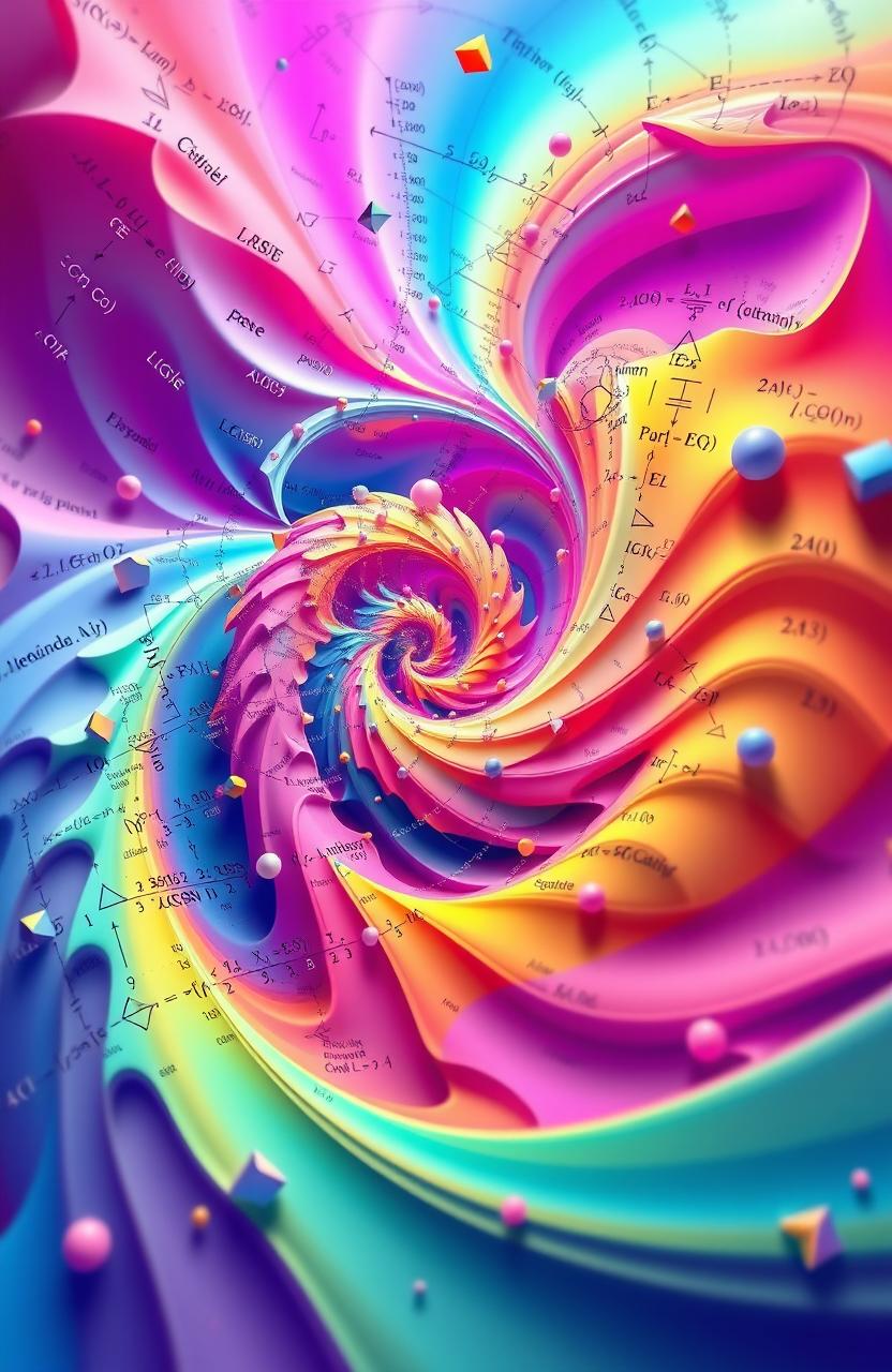 A visually captivating and abstract representation of complex mathematics concepts, featuring intricate fractals, geometric shapes, and equations swirling together in a vibrant color palette