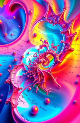 A visually captivating and abstract representation of complex mathematics concepts, featuring intricate fractals, geometric shapes, and equations swirling together in a vibrant color palette