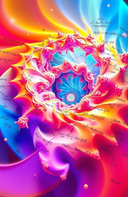 A visually captivating and abstract representation of complex mathematics concepts, featuring intricate fractals, geometric shapes, and equations swirling together in a vibrant color palette