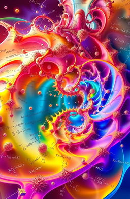 A visually captivating and abstract representation of complex mathematics concepts, featuring intricate fractals, geometric shapes, and equations swirling together in a vibrant color palette