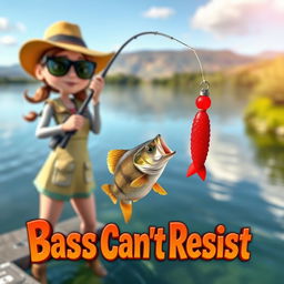 A vividly detailed 3D animated image of a woman fishing for bass, captured at a critical moment