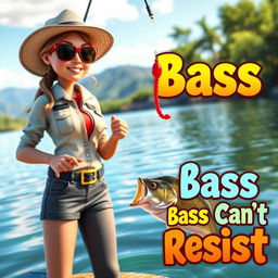 A vividly detailed 3D animated image of a woman fishing for bass, captured at a critical moment