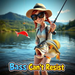 A vividly detailed 3D animated image of a woman fishing for bass, captured at a critical moment