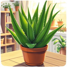 A vibrant and detailed illustration of an aloe vera plant with thick, lush green leaves, featuring serrated edges and a glossy texture