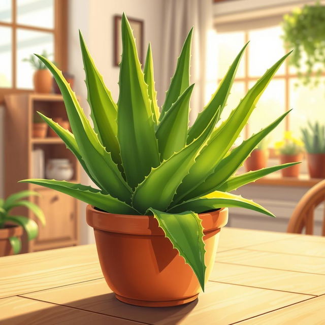 A vibrant and detailed illustration of an aloe vera plant with thick, lush green leaves, featuring serrated edges and a glossy texture