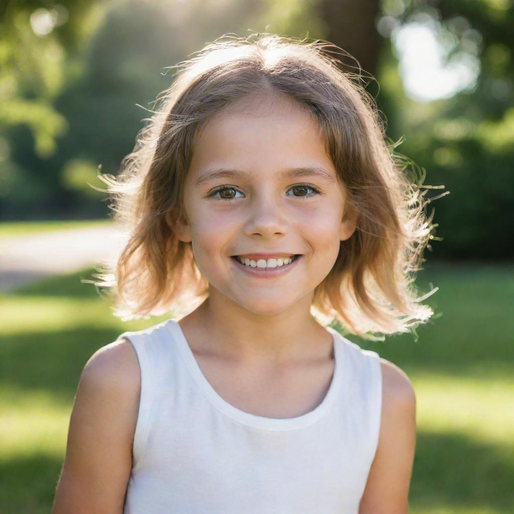 A portrait of a young girl, smiling brightly with eyes full of curiosity and innocence, in a backdrop of a sunlit park full of greenery.